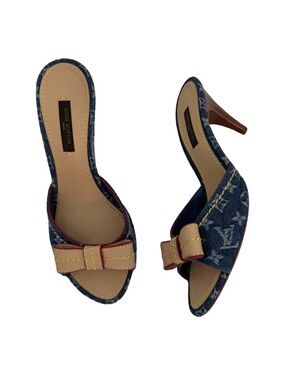 LOUIS VUITTON SS 2005 Marc Jacobs LV Monogram Denim Bow Kitten Heels Size EU 36
